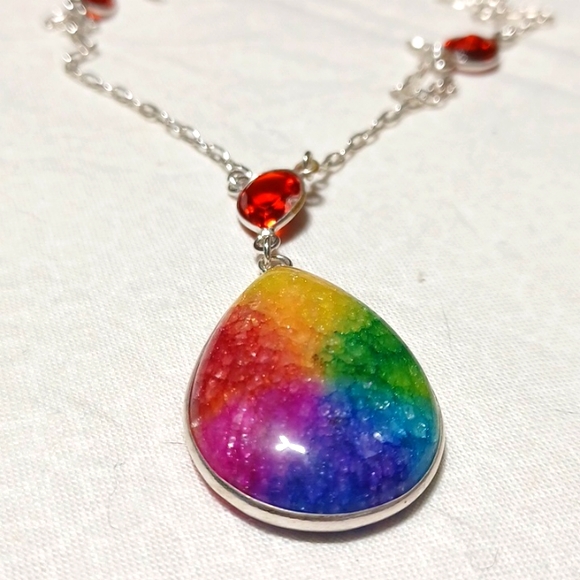 Rainbow solar quartz agate garnet silver pendant handmade red 🌈 🏳️‍🌈 necklace - Picture 2 of 7